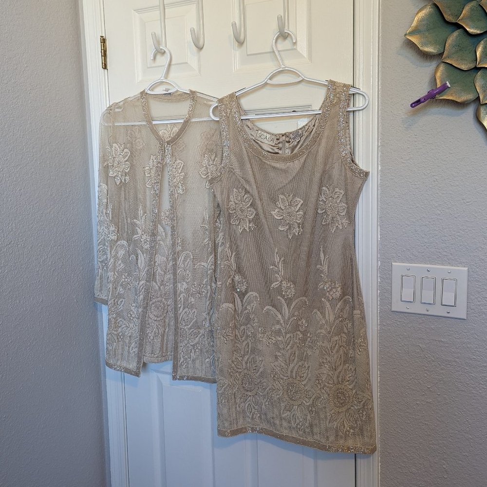 STUNNING!!! | SCALA | Beaded Dress & Matching Jacket | M/8 | VINTAGE | CHAMPAGNE